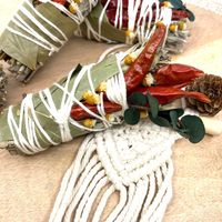 White Sage & Copal Smudge Stick with Red Chili Peppers, Bay Leaves, 4" - Cleansing, Protection, and Divine Assistance